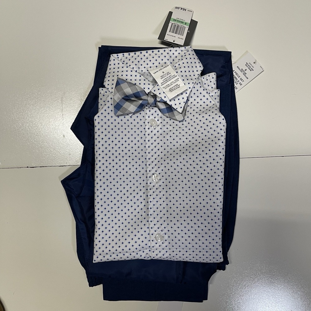 Van Heusen Boys 4-Piece Suit Set Size‎ 8 Blue Vest Pants Shirt Bow Tie NWT